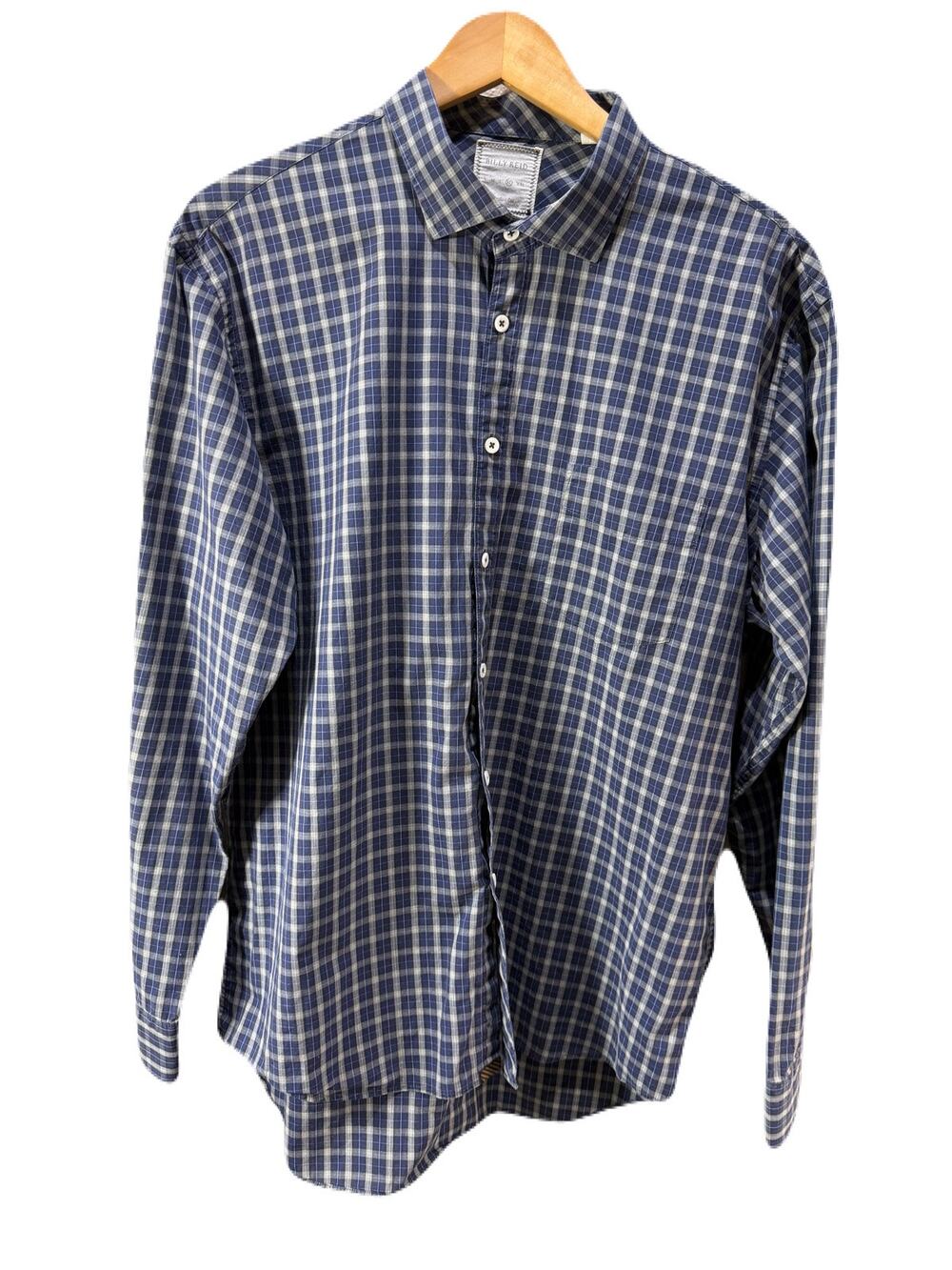 Billy Reid Mens Blue Gray Plaid Cotton Long Sleeve Button Down Shirt Size XL